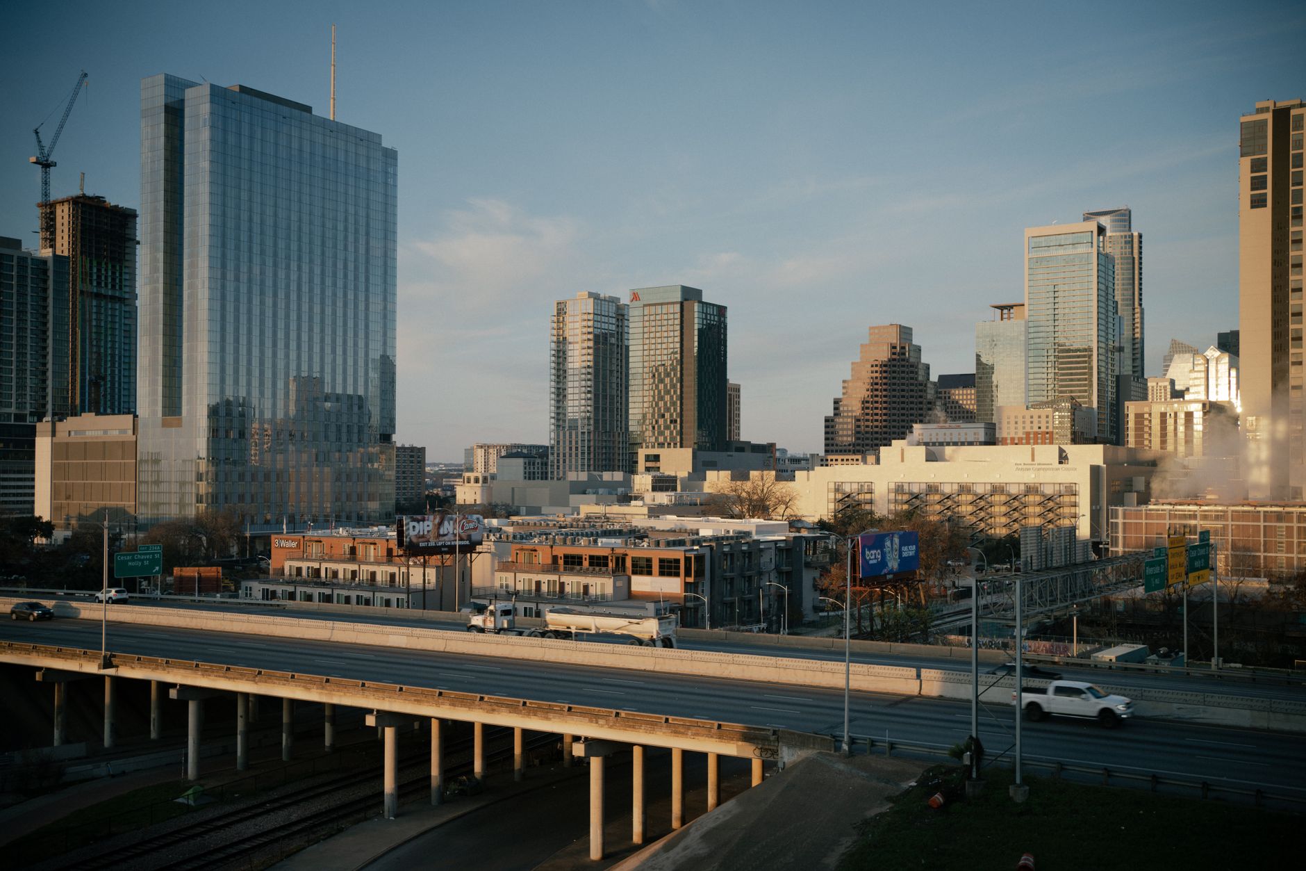 Aerial view of downtown Austin, Texas showcasing modern skyscrapers and urban infrastructure at dusk